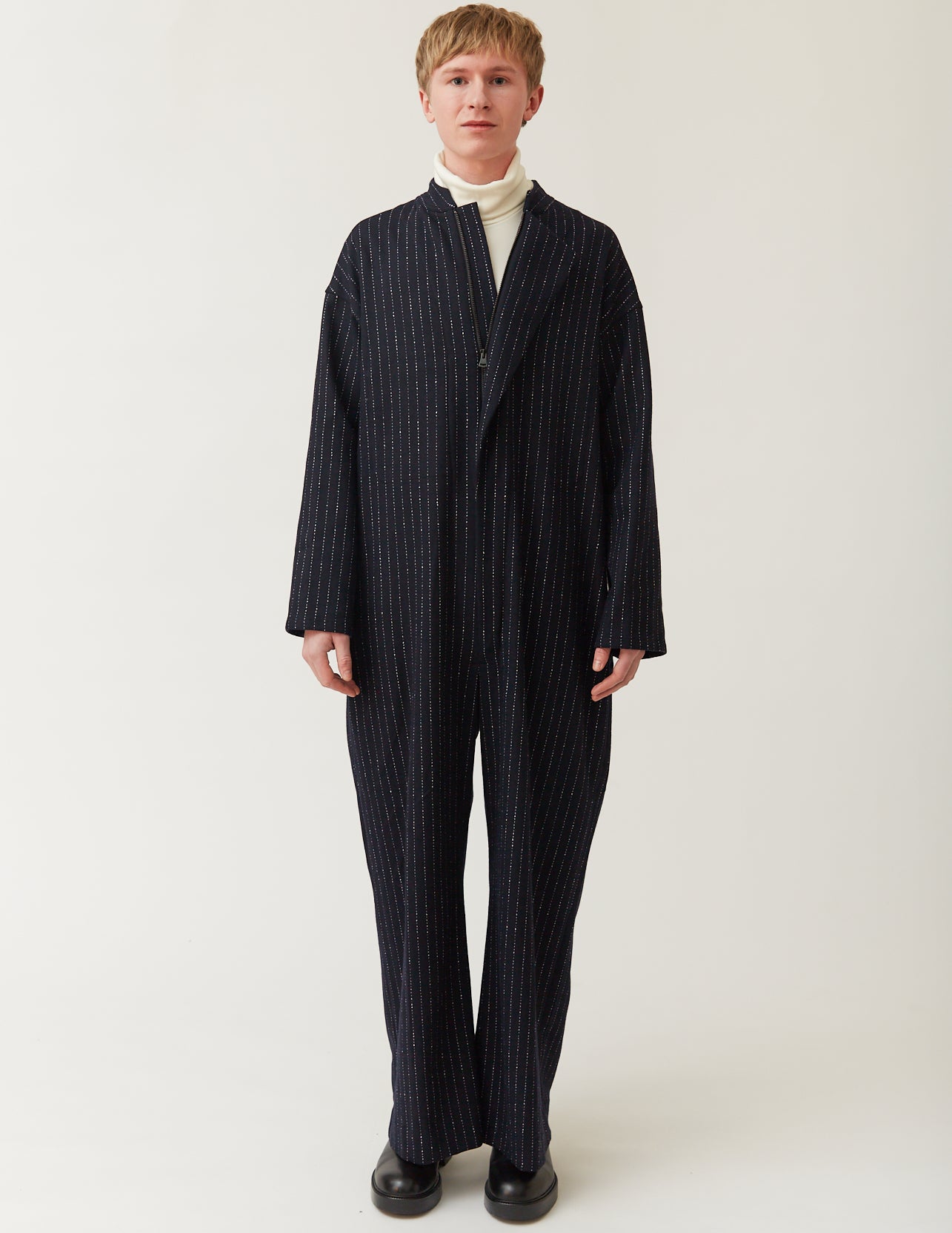 FLY FRONT JUMPSUIT navy x white pinstripe – m's braque