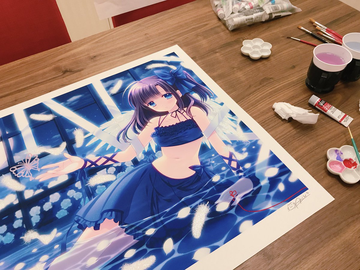 朝から新作『BLUE ANGEL』の版画への手彩入れ作業に行ってきました