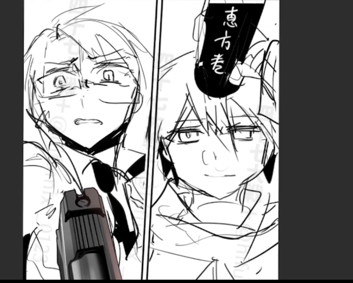 これはラフ段階で銃を描くのが面倒だったため前半謎に恵方巻を掴んで