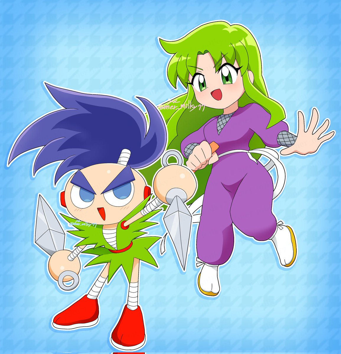 元々1枚ずつ描いていたのでサスケを縮小しました…ヤエちゃんの刀も見え