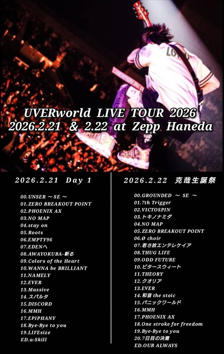 羽田公演 セトリまとめ】 UVERworld LIVE TOUR 2026 at Zepp Haneda