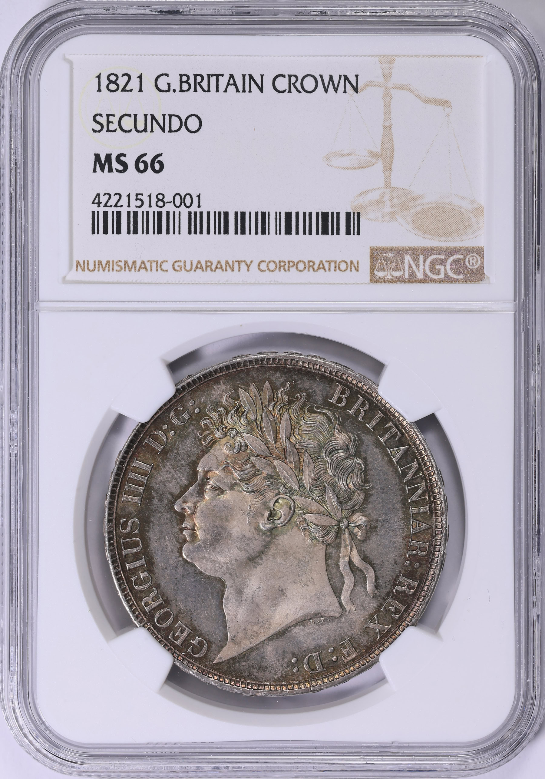 Great Britain 1821 Silver Crown SECUNDO Edge KM-680.1 NGC MS-66