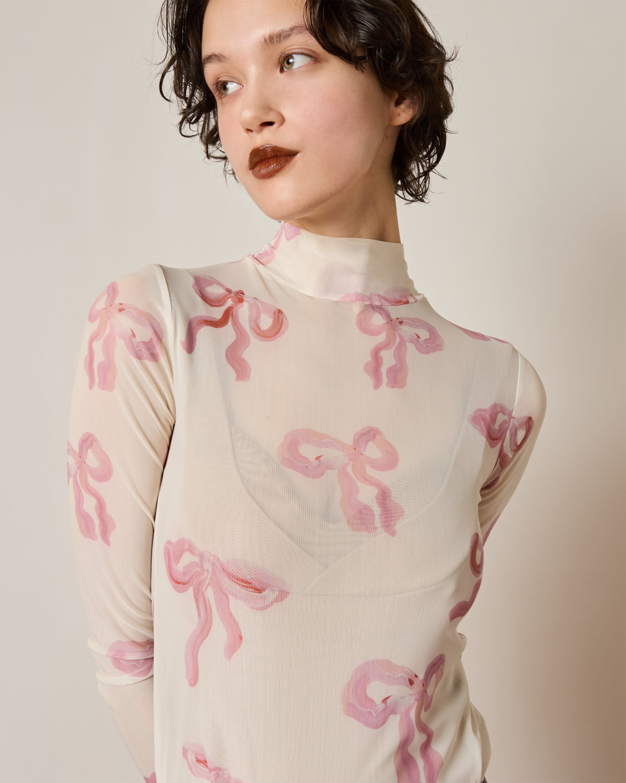 Pink ribbon see-through tops (High neck)