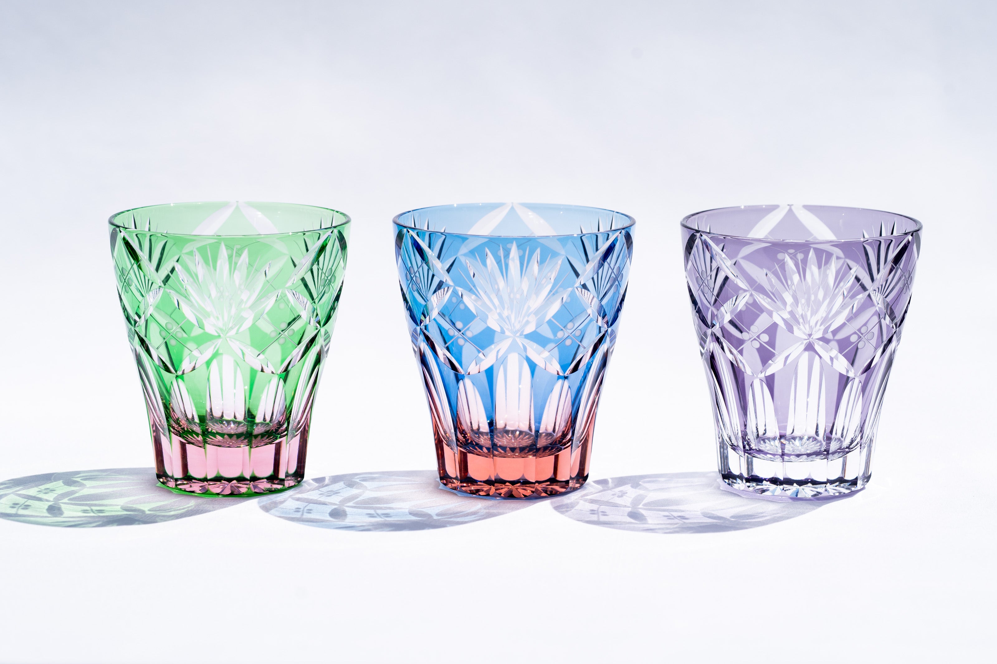 M-8573-PG 七宝笹の葉文様 ミニオールド ピンクグリーン 江戸切子 直販