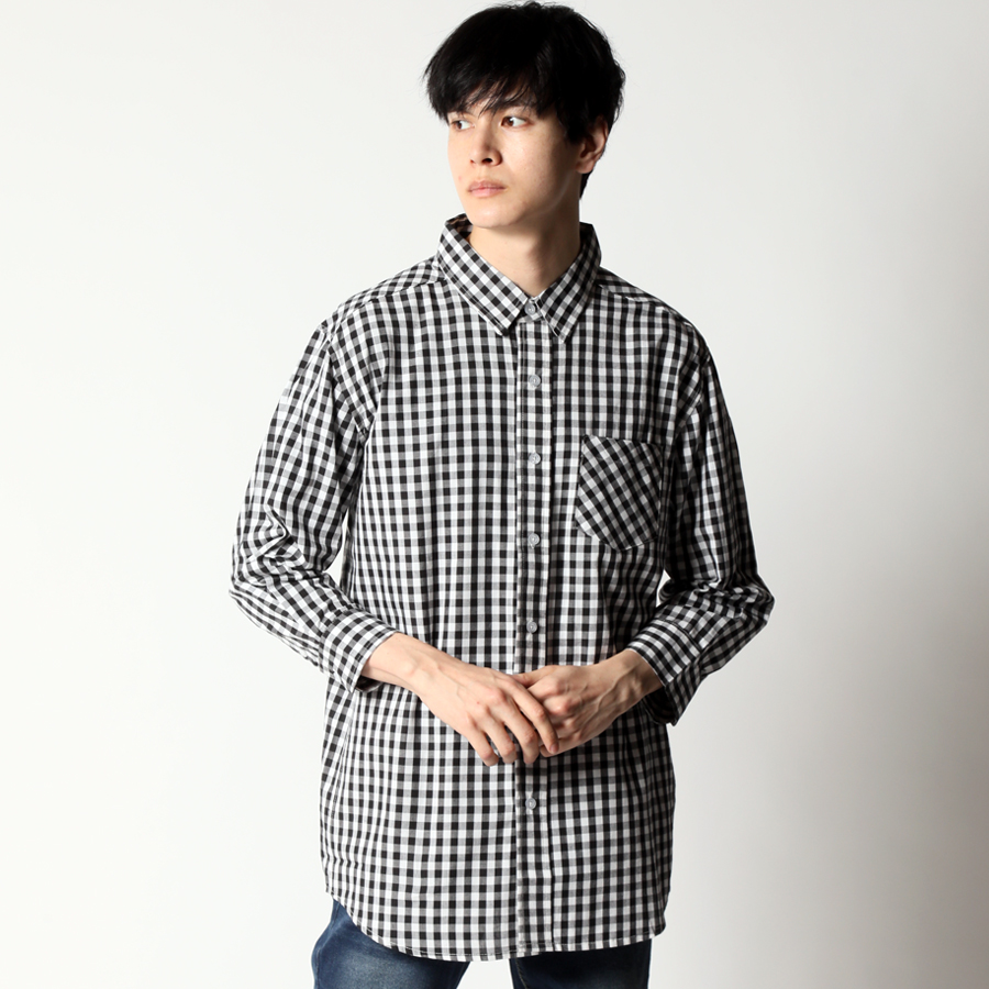 先染めチェックシャツ メンズ カジュアルシャツ 七分袖 半袖 メンズ