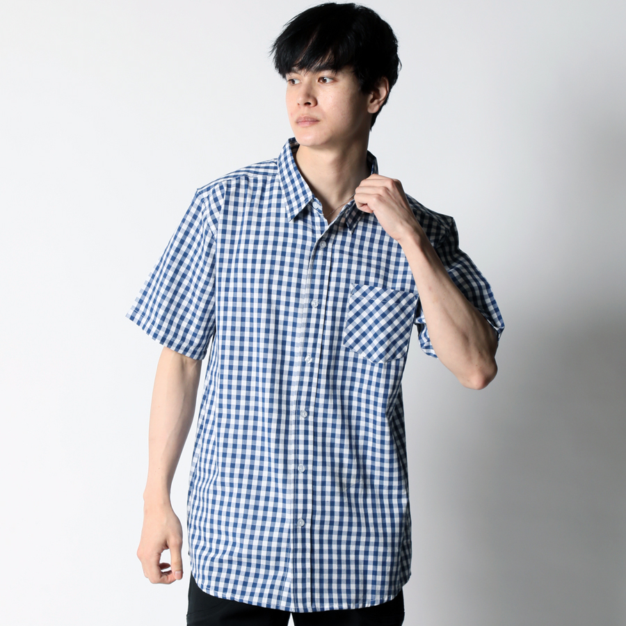 先染めチェックシャツ メンズ カジュアルシャツ 七分袖 半袖 メンズ