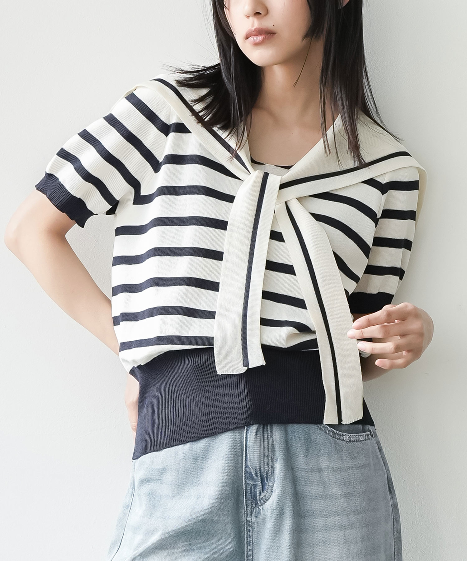 セーラー半袖ニットプルオーバー セーラーカラー 半袖ボーダーサマー