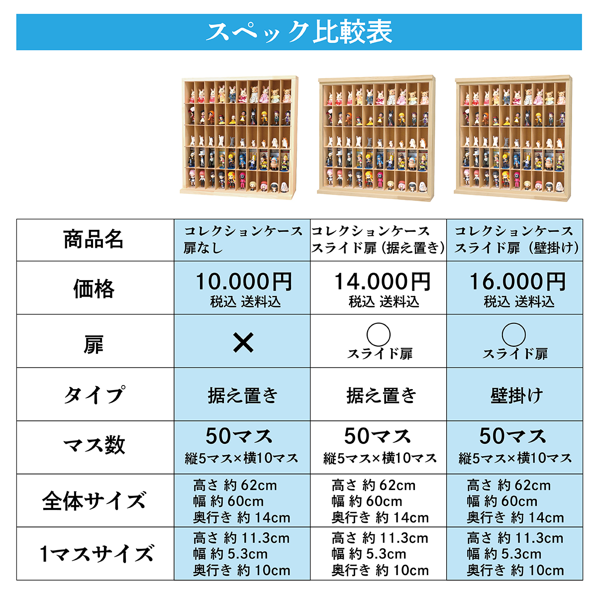 日本製 木製コレクションケース5×10マス 全50マス(扉なし）│ おもちゃ