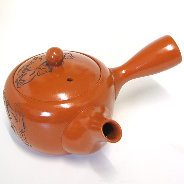 急須 新回転急須 国産 馬 朱泥 万古焼 彫 400cc ステンレス製の固定式