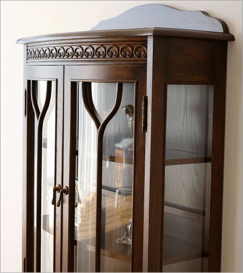 キャビネット ガラス扉 ガラスキャビネット アンティーク スリム 木製