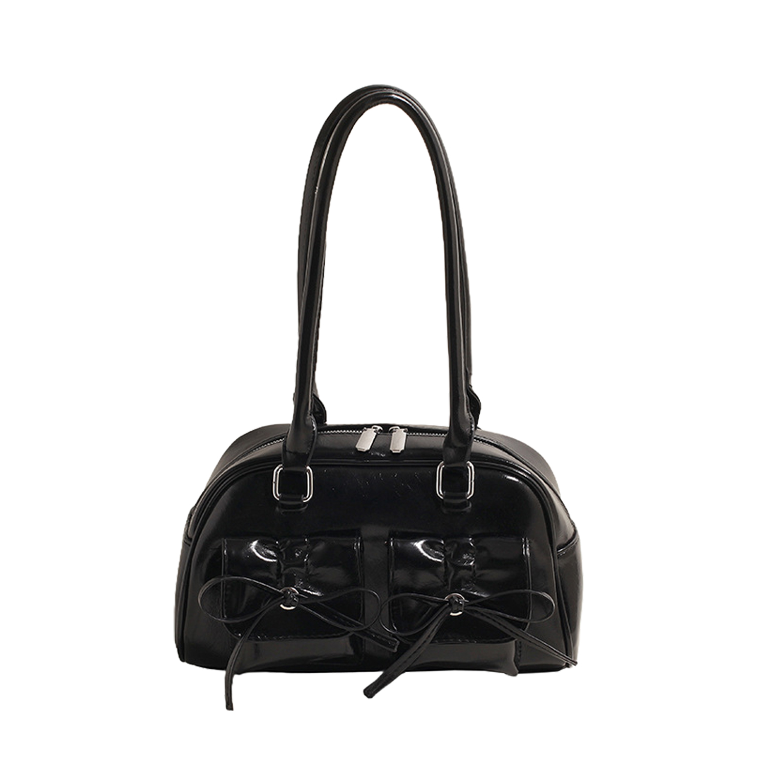 リボン付き エナメル ミニボストン ショルダー バッグ ツインポケット