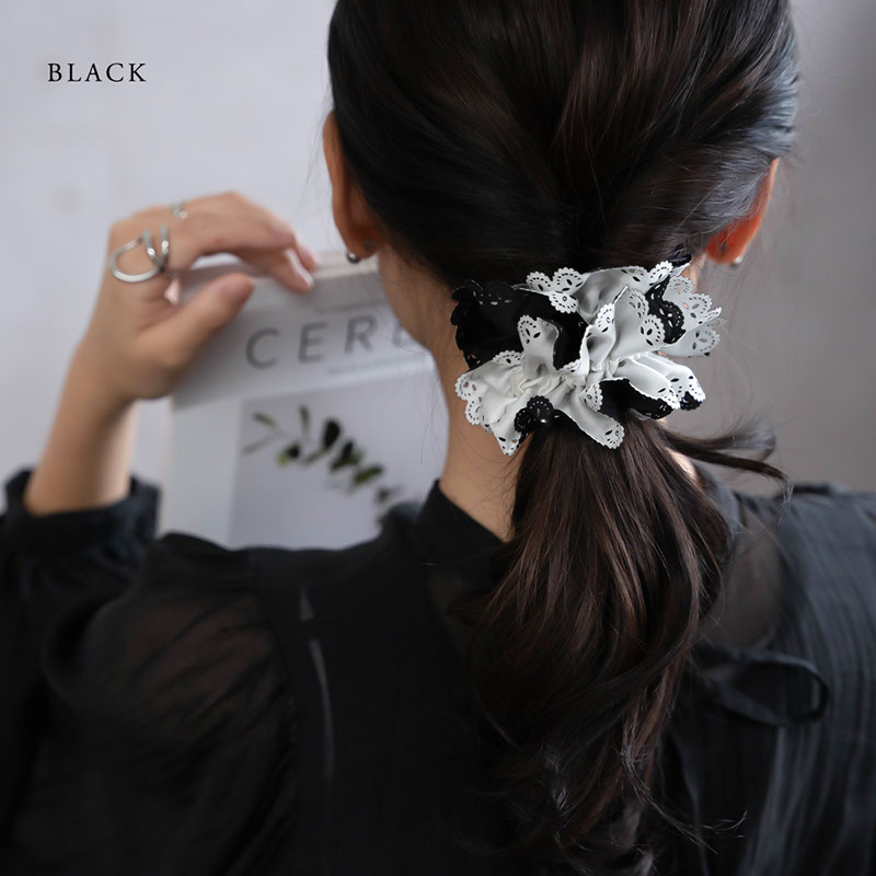 Jewel VOX シュシュ 黒 ヘアアクセサリー ダブルカラー レース カット