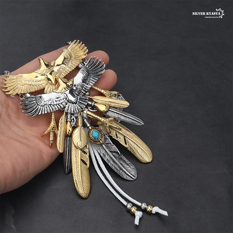 超豪華 フェザーネックレス 特大イーグル2枚重ね ステンレス イーグル