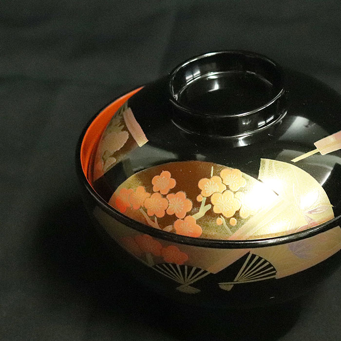 雑煮椀 フタ付き 日本製 国産 会津漆器 雅扇面 黒 箱入り お椀 正月