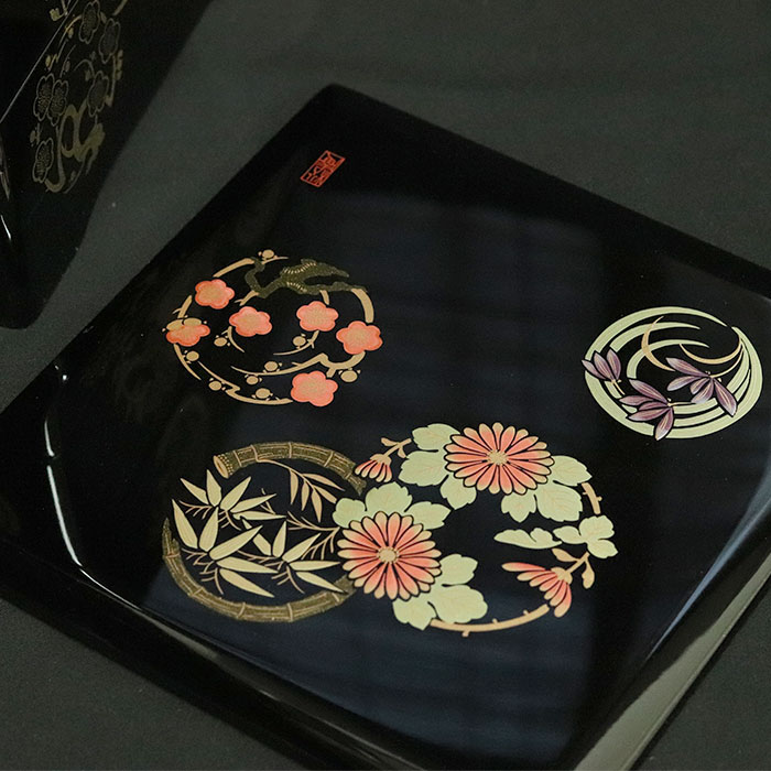 重箱 3段 日本製 国産 会津漆器 6.5 三段重共足 花丸四君子 黒 内朱