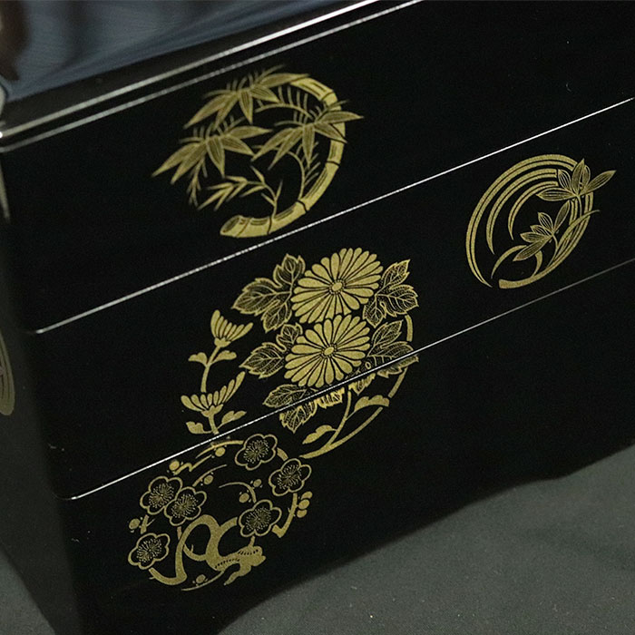 重箱 3段 日本製 国産 会津漆器 6.5 三段重共足 花丸四君子 黒 内朱