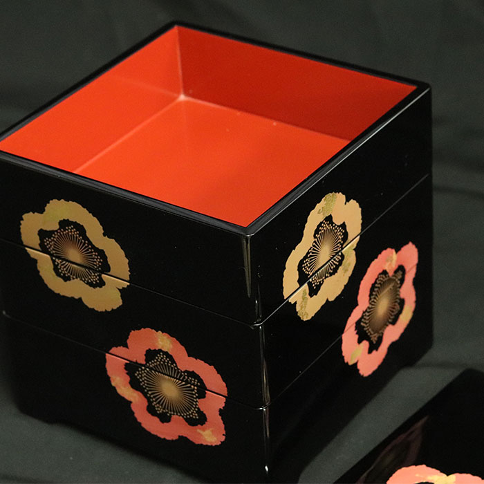 重箱 3段 日本製 国産 会津漆器 6.0 三段重共足 金彩梅 黒 内朱 6寸 5