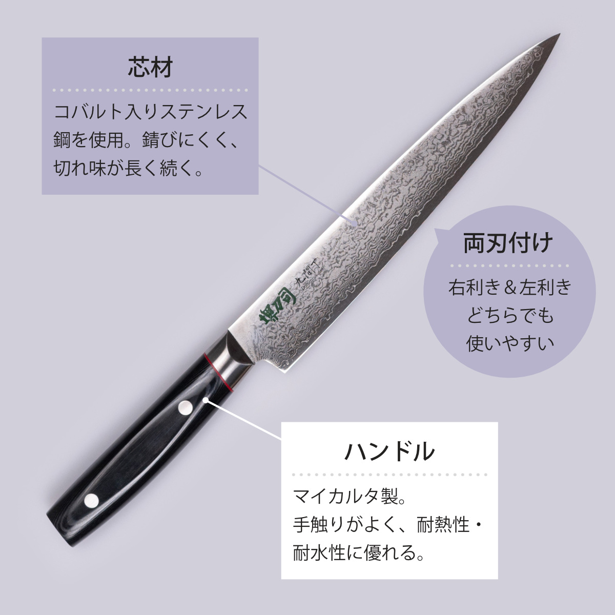 筋引包丁 21cm 九間丁 ダマスカス鋼割込 黒マイカルタ 堺刀司 日本製