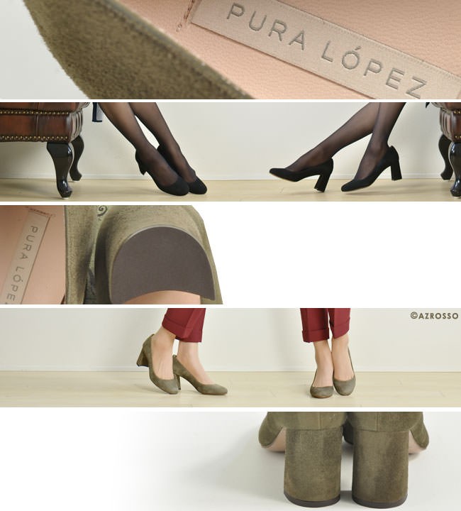 PURA LOPEZ スエード レザー パンプス チャンキー ヒール 6cm ラウンド