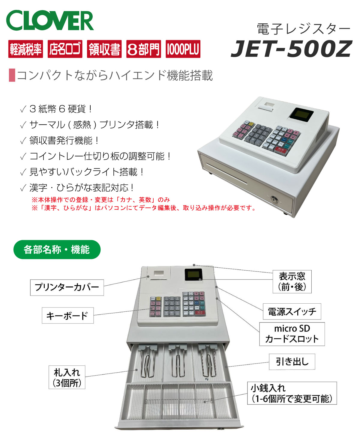 クローバー電子 【店名・部門設定込み】レジスター JET-500Z 感熱紙