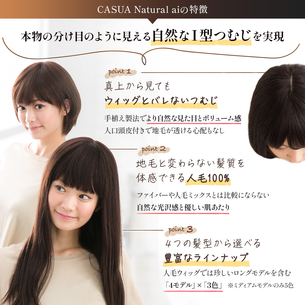 ウィッグ ミディアム 人毛100% セミロング 女性 医療用 自然