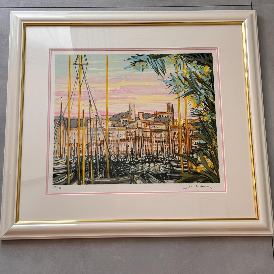 ミッシェル・アンリ『カンヌのハーバー』直筆サイン・リトグラフ／額装輸送箱付き フランス絵画展2022.2｜インテリアギャラリーレノン