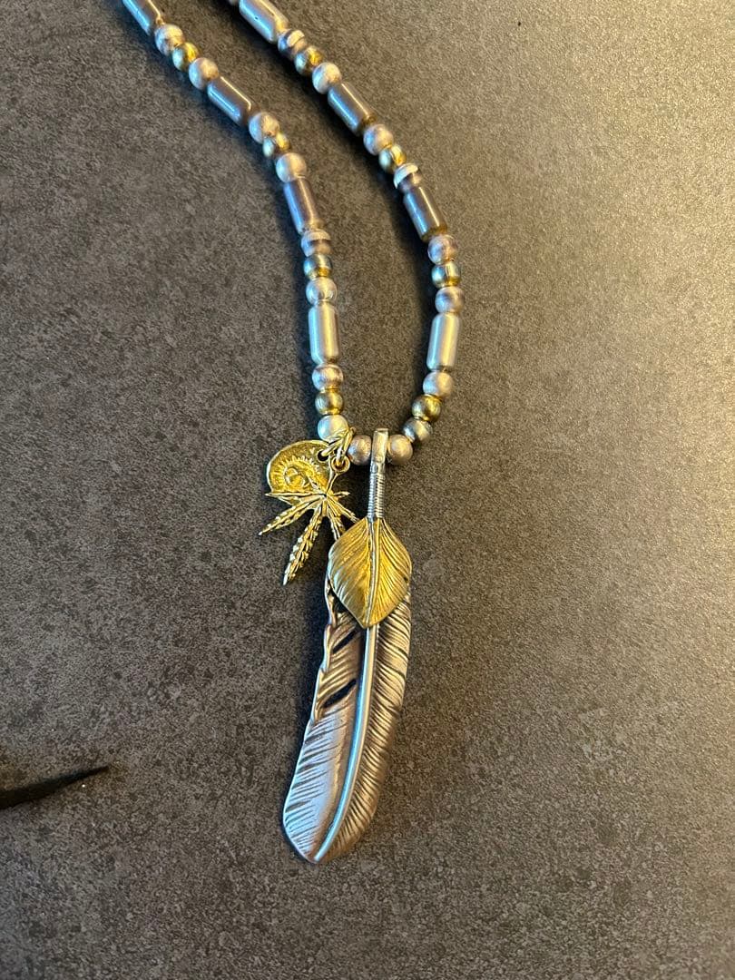 パイプビーズ一連 上金 ハート 特大 フェザー 全金メタル グラス ネックレス ゴローズおすすめセット13_特大フェザー｜ゴローズ通販のRINKAN