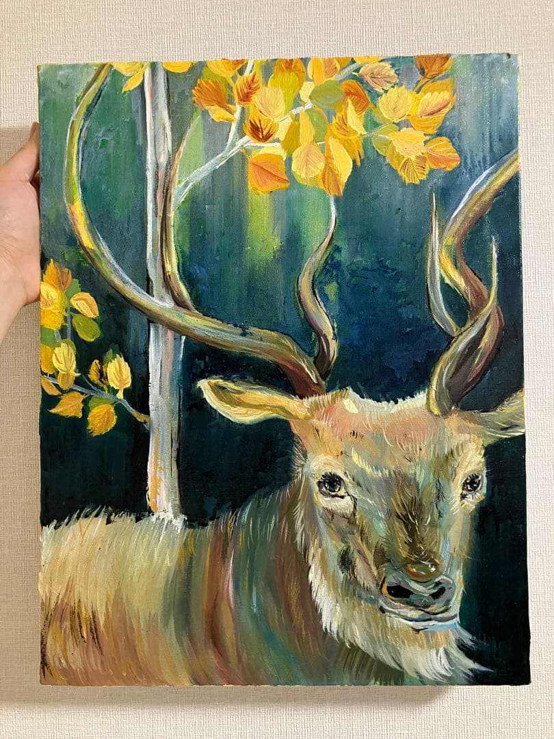 ルーズベルトエルク　油彩画　鹿　絵 Elk Portrait Original Oil Painting from Wild Wings