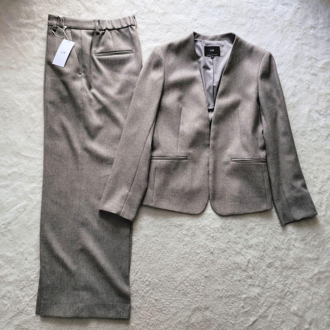 新品★24AW 23区 ウールライクカルゼ ノーカラーパンツスーツ ブラウン