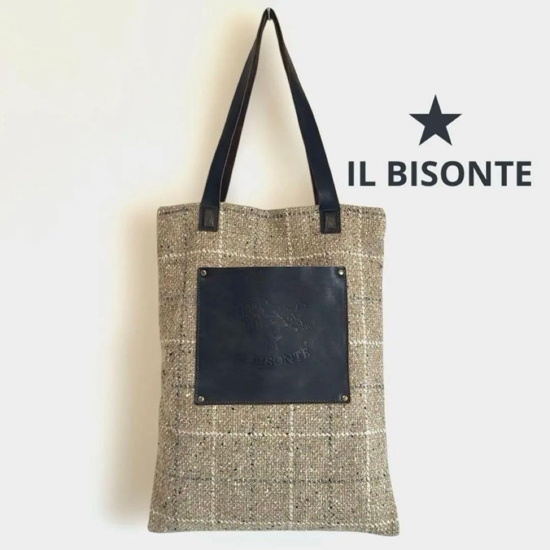 IL BISONTEイルビゾンテ ウール本革 チェックトートバッグ ベージュ