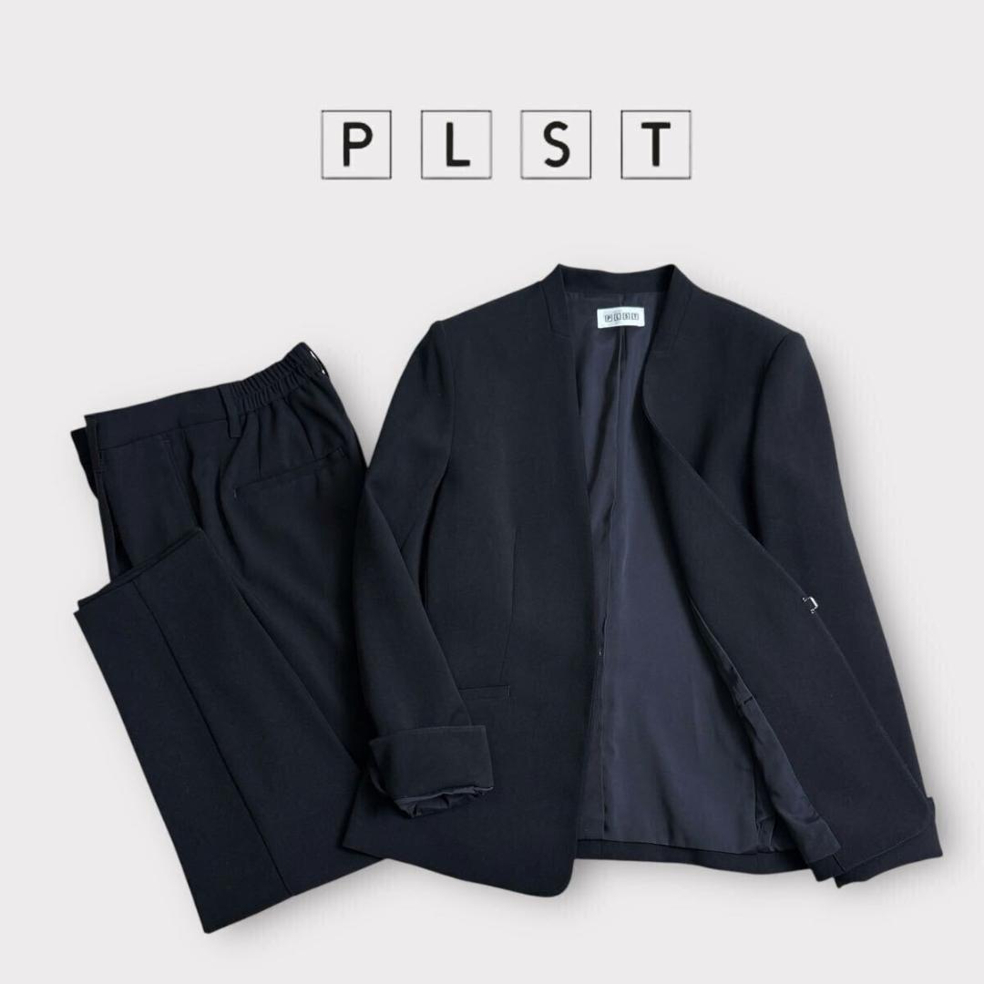 [美品] PLST セットアップ スーツ ノーカラー M ブラック フォーマル 美品 PLST スーツ パンツスーツ ノーカラー ブラック M セットアップ