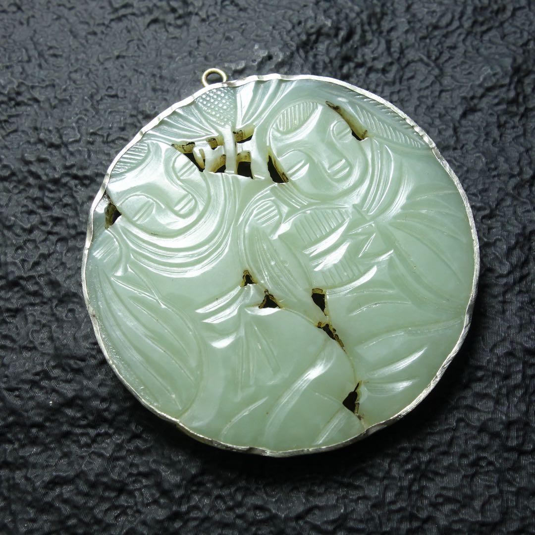 清代 和田玉 包銀 玉牌 ペンダント 量感ある作り　C1A197