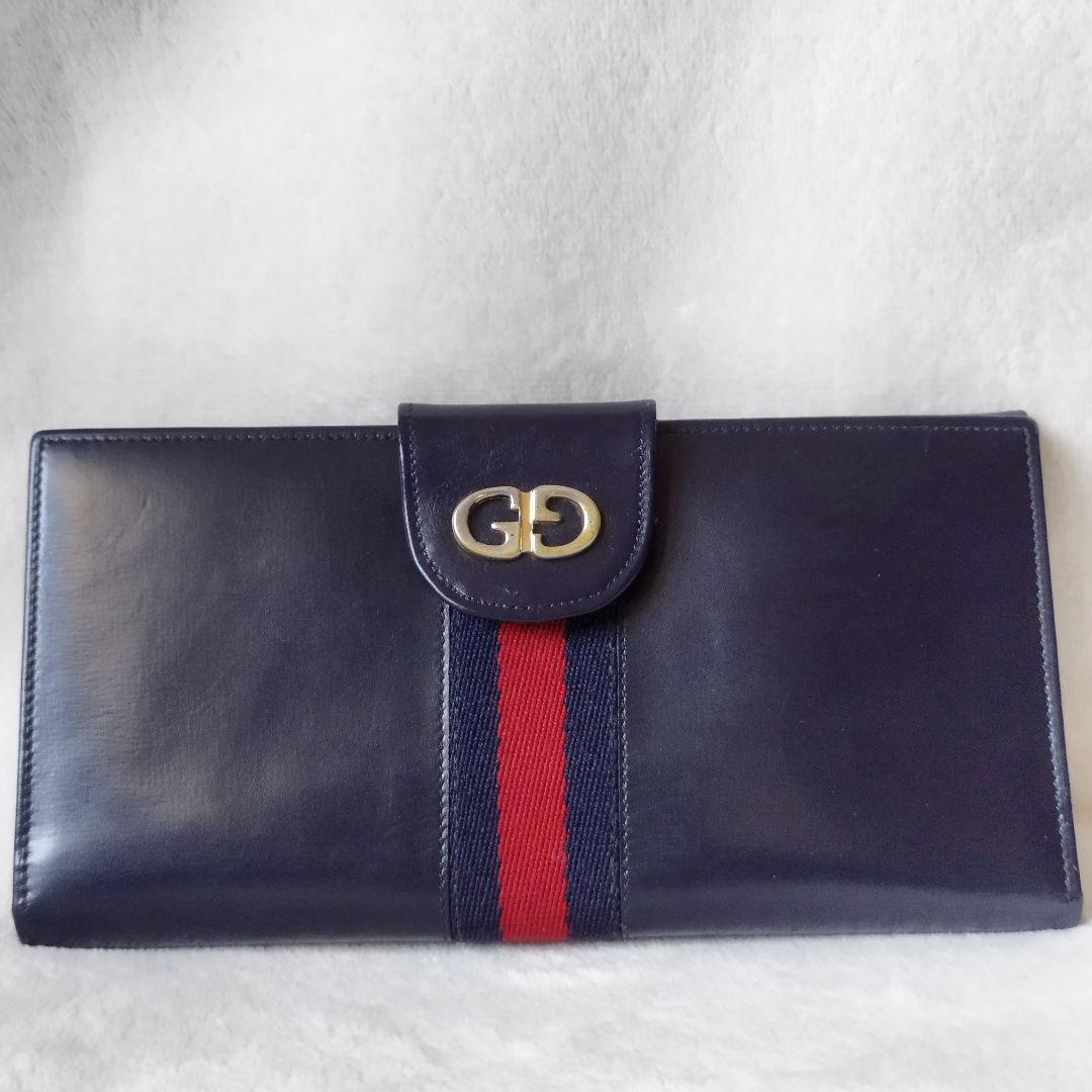 【希少/美品】オールドグッチ 長財布 シェリーライン ネイビー レザー GG