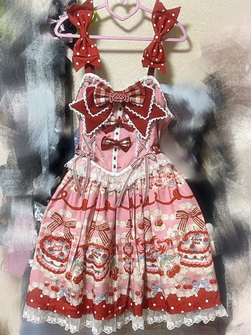 さくらんぼ チェリー柄 赤 ピンク ロリィタ ジャンパースカート 中華ロリータ