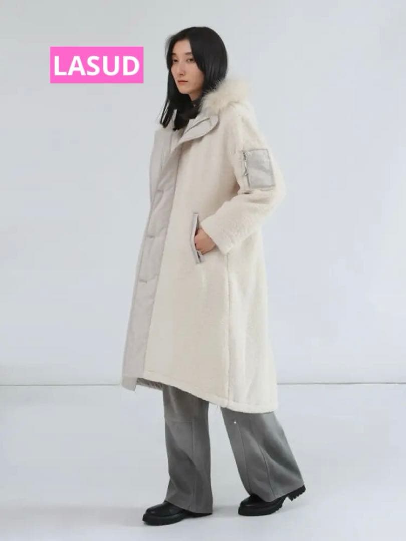 LASUD ボアコート　アイボリー　未使用品サイズ9号　定価34000円タグ無し LASUDファーボアコート アイボリー 未使用品 サイズ9号 定価34000円