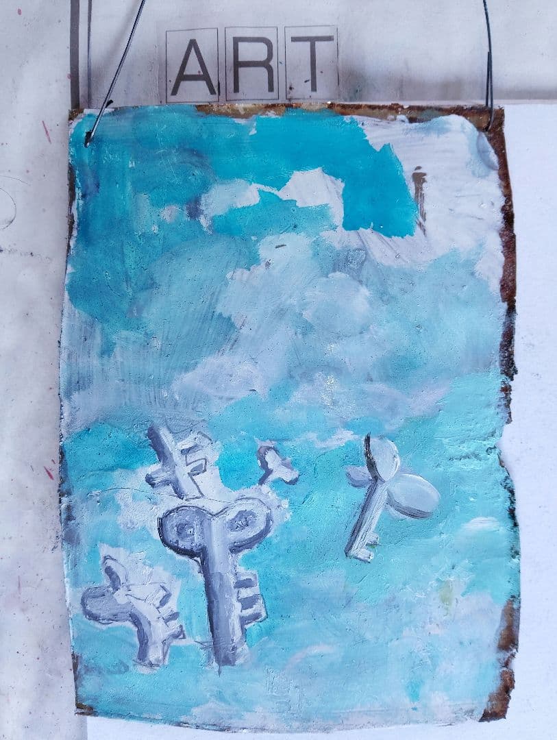 抽象油彩画 鍵のモチーフ