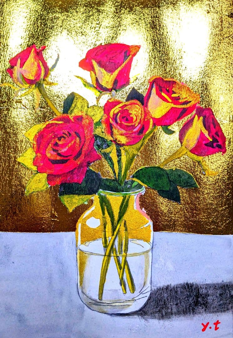 超美品！値下げ交渉あり。原画　金箔を押した赤薔薇　アクリル画　絵画 2259e0b18a1f577a8175b44f411670