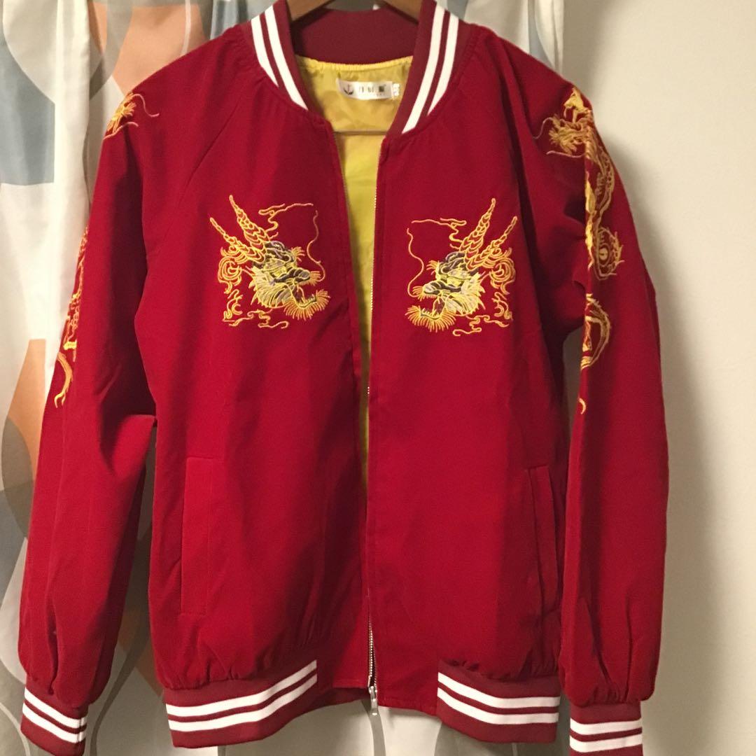 スカジャン 別珍 ベロア ドラゴン刺繍 レッド - メルカリ