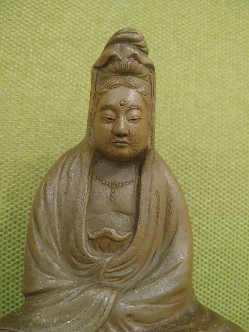 陶器製 仏像 座像、備前焼の観音様座像A1、№009、古い備前焼置物、希少品、