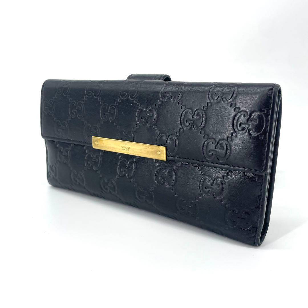 美品✨グッチ 長財布 レザー Wホック GGシマ ブラック 金ロゴプレート