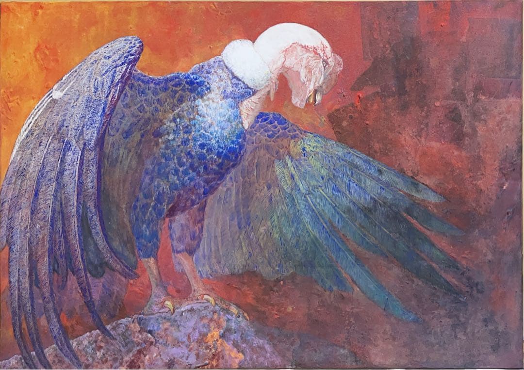 日本画　アンデスコンドル　鳥　赤　B1サイズ