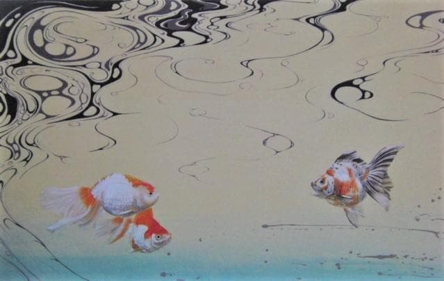 堀井聡、【緋魚遊泳図】、希少な画集画、新品高級額・額装付、状態良好