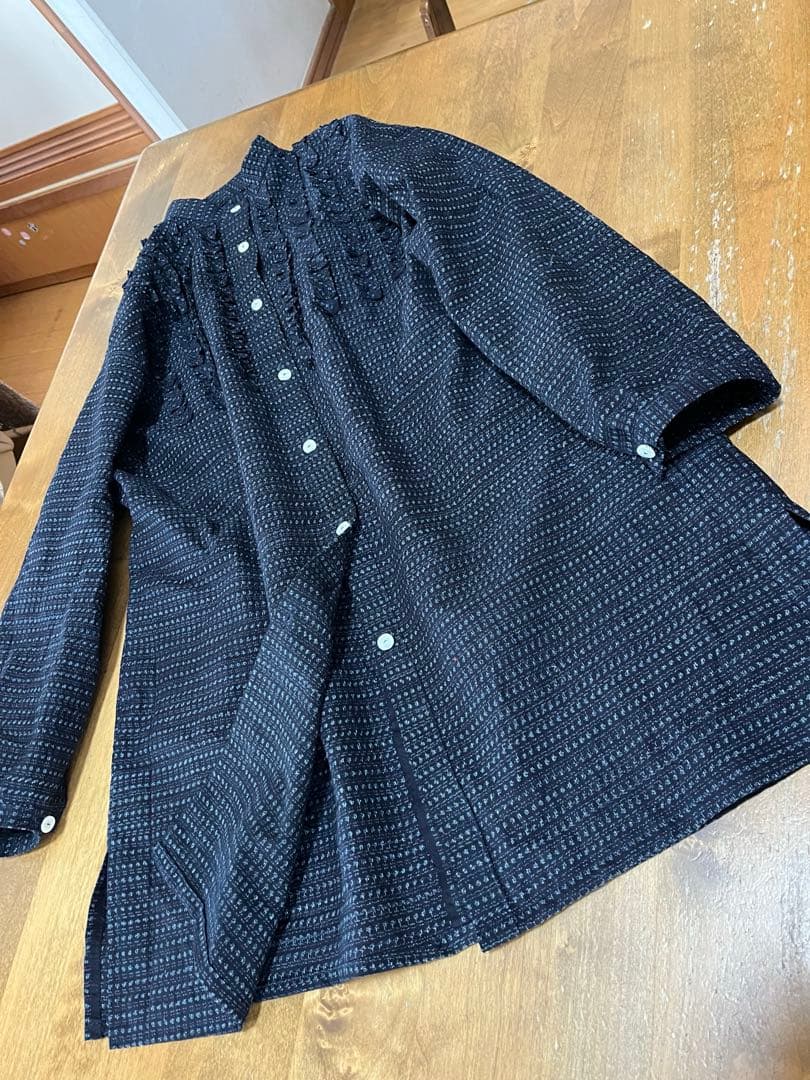 古布リメイク　久留米絣　チュニック　ロングシャツ　フリル　ハンドメイド 古布リメイク (K様専用) 久留米絣絣のチュニックワンピース 久留米絣