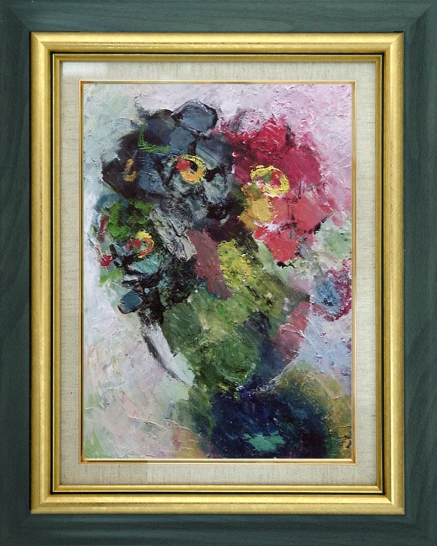 油絵 菅家令子 絵 絵画インテリア 額付(青緑＋金色の枠)uF6-111302花 油絵 菅家令子 絵 絵画インテリア 額付(青緑＋金色の枠)uF6-111302花