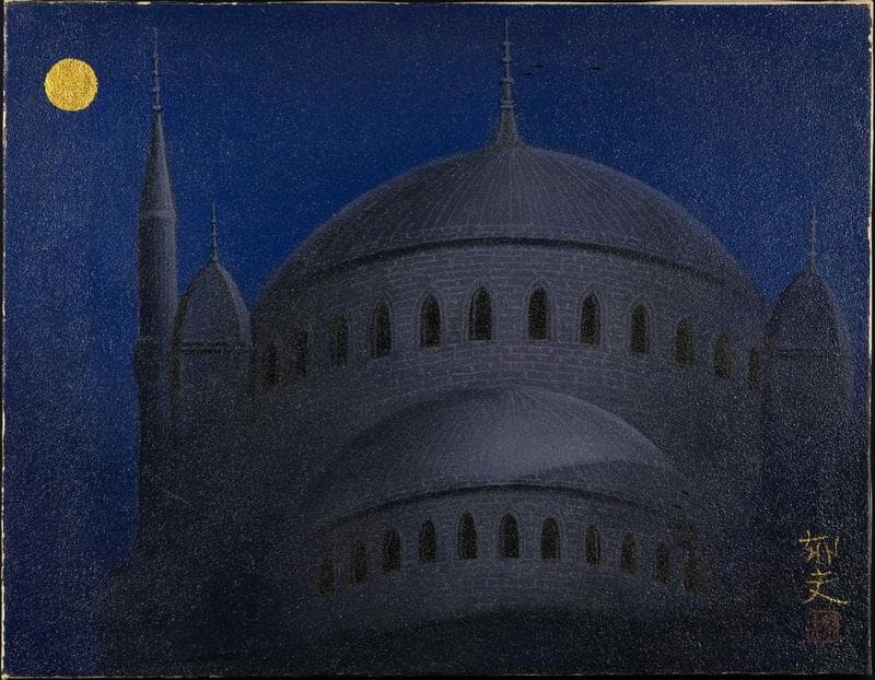 平山郁夫　油彩　肉筆『ブルーモスク』表と裏サイン(印譜)　F6号　額無　b775