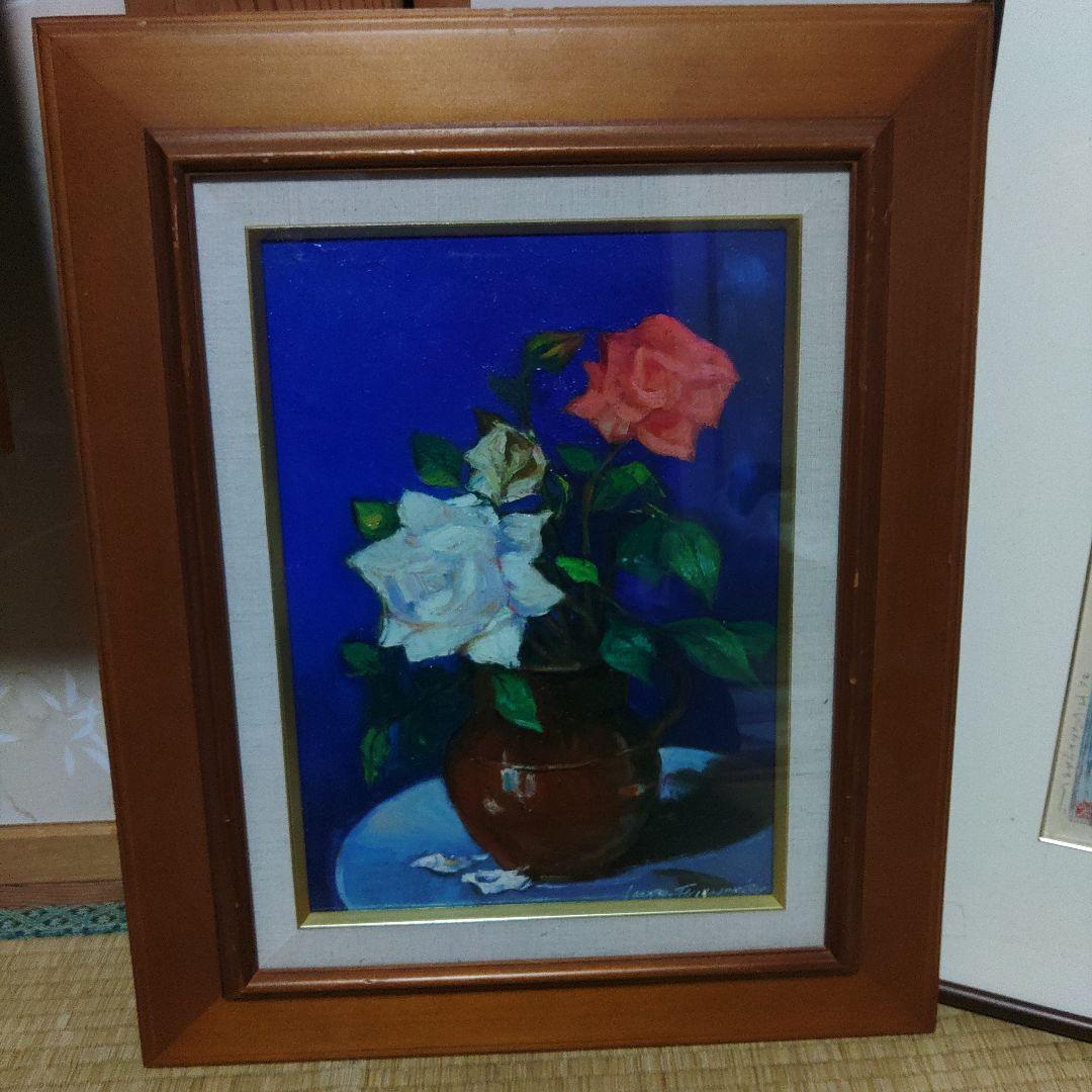 恒松征代　油絵　バラの花　工芸品?