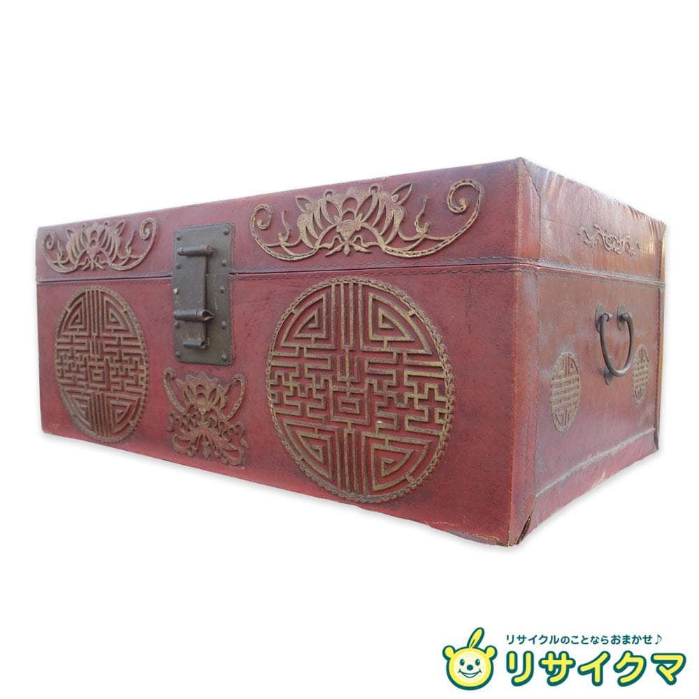 K▼中国 志那 赤 かばん 箱 収納 衣装ケース 薬箱 革 行李 (38922)