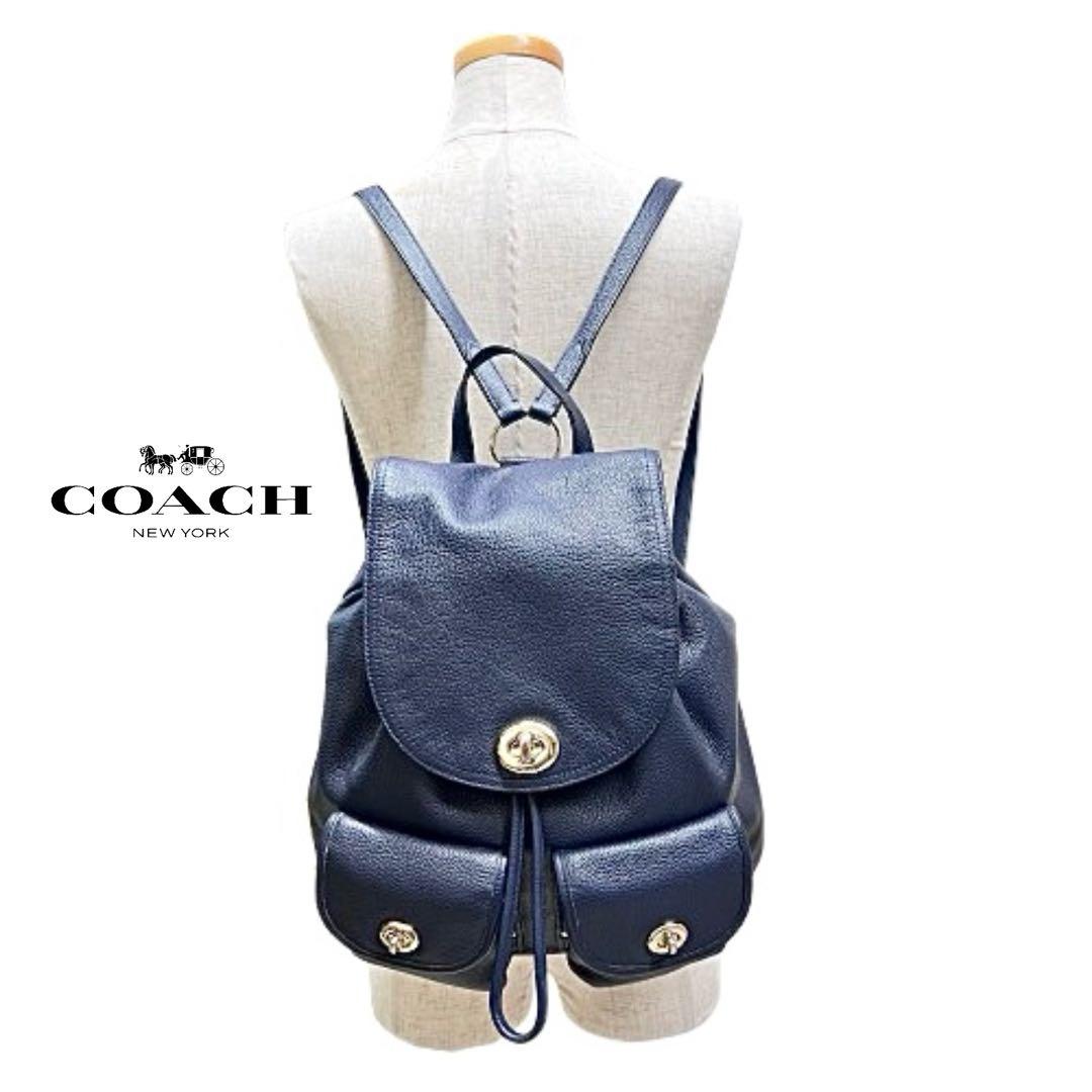 保存袋付！coach リュック375812ターンロック革レザーネイビーmi092