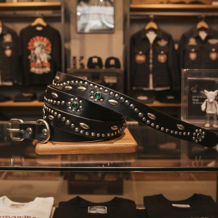 フラワー緑■本革レザーフルスタッズナローベルト☆グリーンエメラルドシルバー