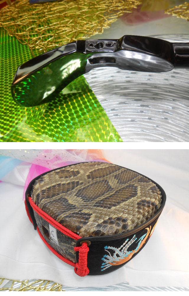 現品販売(送料無料)72.800円　沖縄三線専用　黒檀棹と蛇皮(二重張)型チーガ